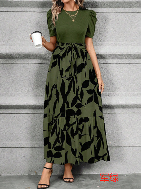 European and American women's floral print high-waisted fashion and elegant temperament dress