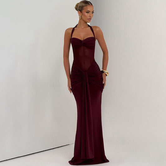 European and American 2026 new women's temperament pleated streamer evening dress foreign trade fashion halterneck sexy hip wrap dress