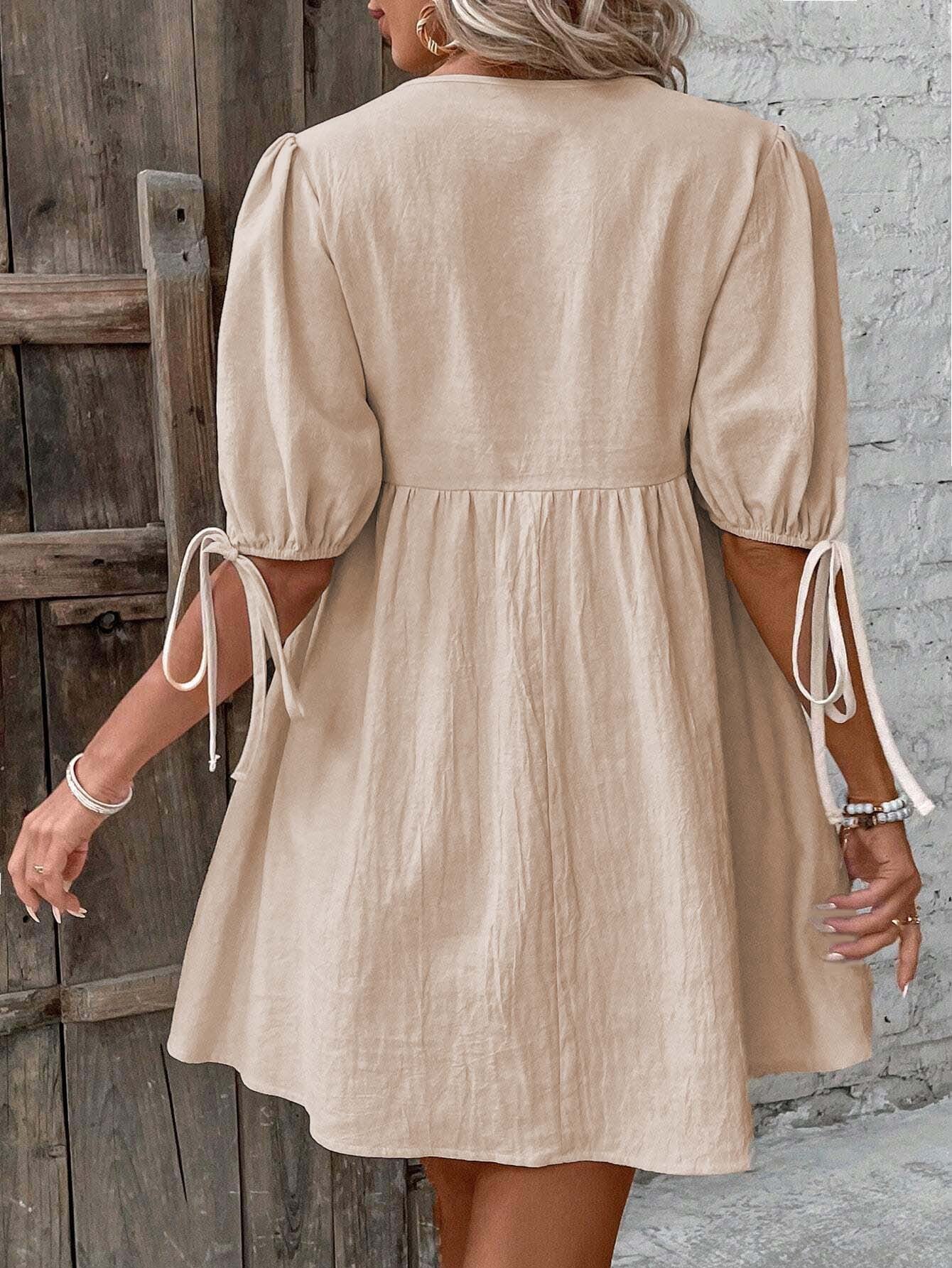 2026 European and American cross-border elegant loose woven deep V-neck design sense chest lace-up A-swing dress