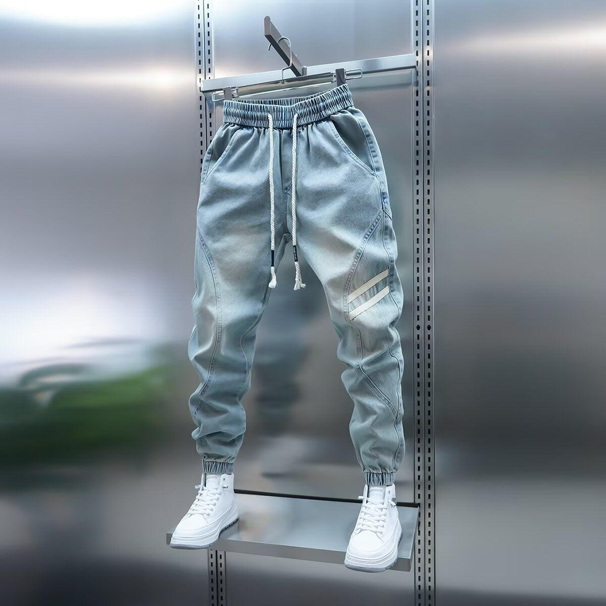 Cross-border men's spring new light blue jeans simple and versatile elastic waist leggings washed trendy brand slacks