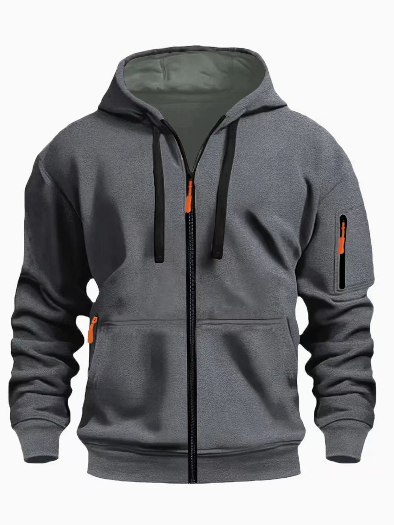 European code hooded men's autumn/winter fleece-lined hooded sweatshirt, long-sleeve zipper style, multi-pocket fashionable versatile jacket for men