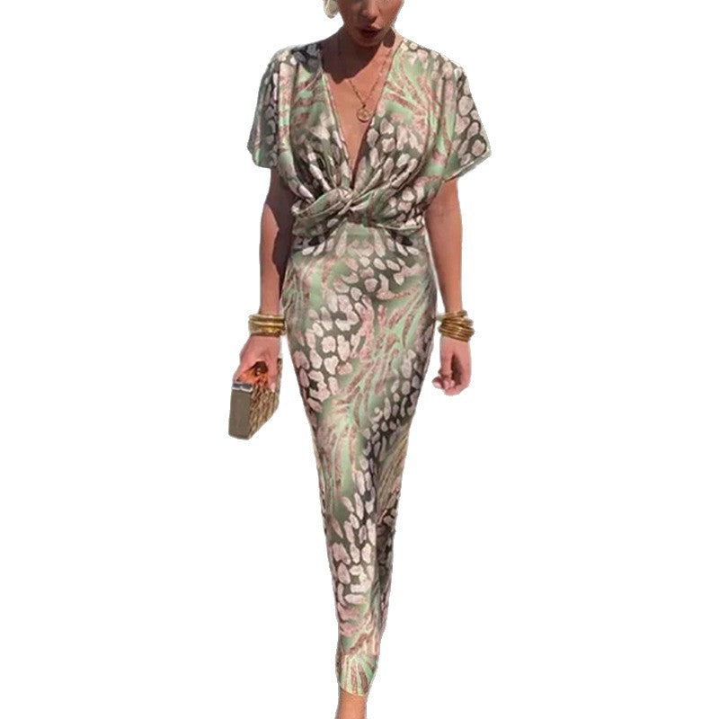 2026 Spring New Women's Clothing Cross-border Foreign Trade Europe and the United States Fashion Knot Print Sexy V-Neck High-Waisted Dress