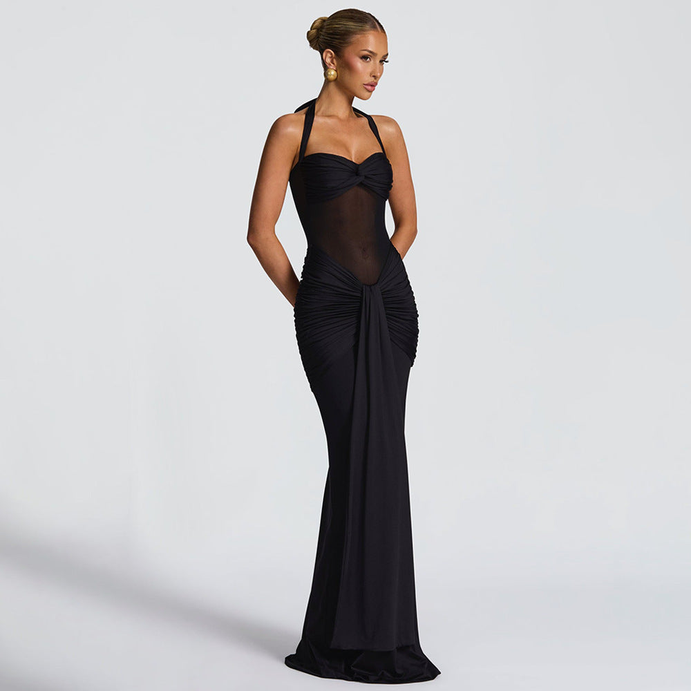 European and American 2026 new women's temperament pleated streamer evening dress foreign trade fashion halterneck sexy hip wrap dress