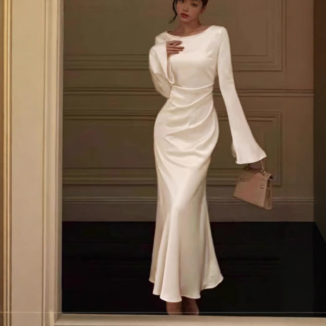 European and American Summer New Cross-border Elegant Flared Sleeve Solid Color Long Sleeve Fashion Dress