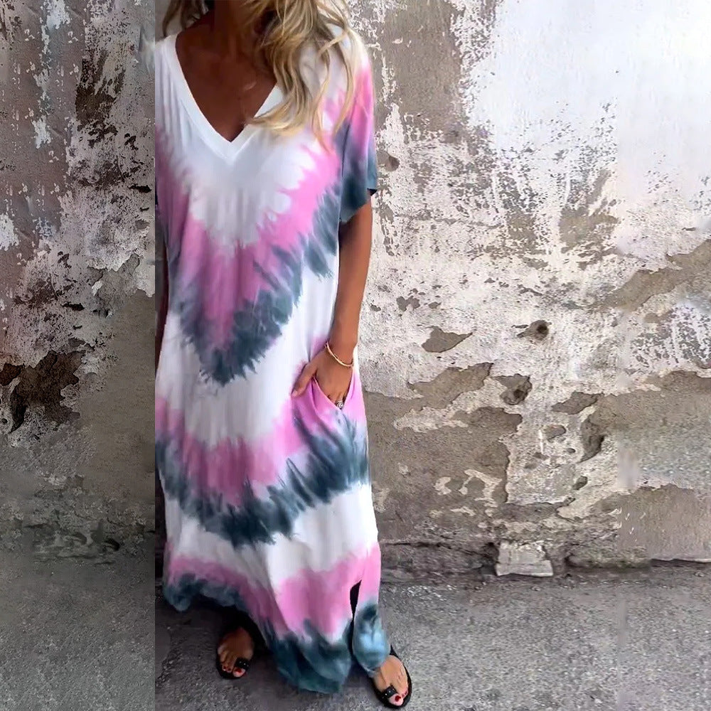 European and American summer 2026 casual loose short sleeve V-neck slit tie-dye long dress