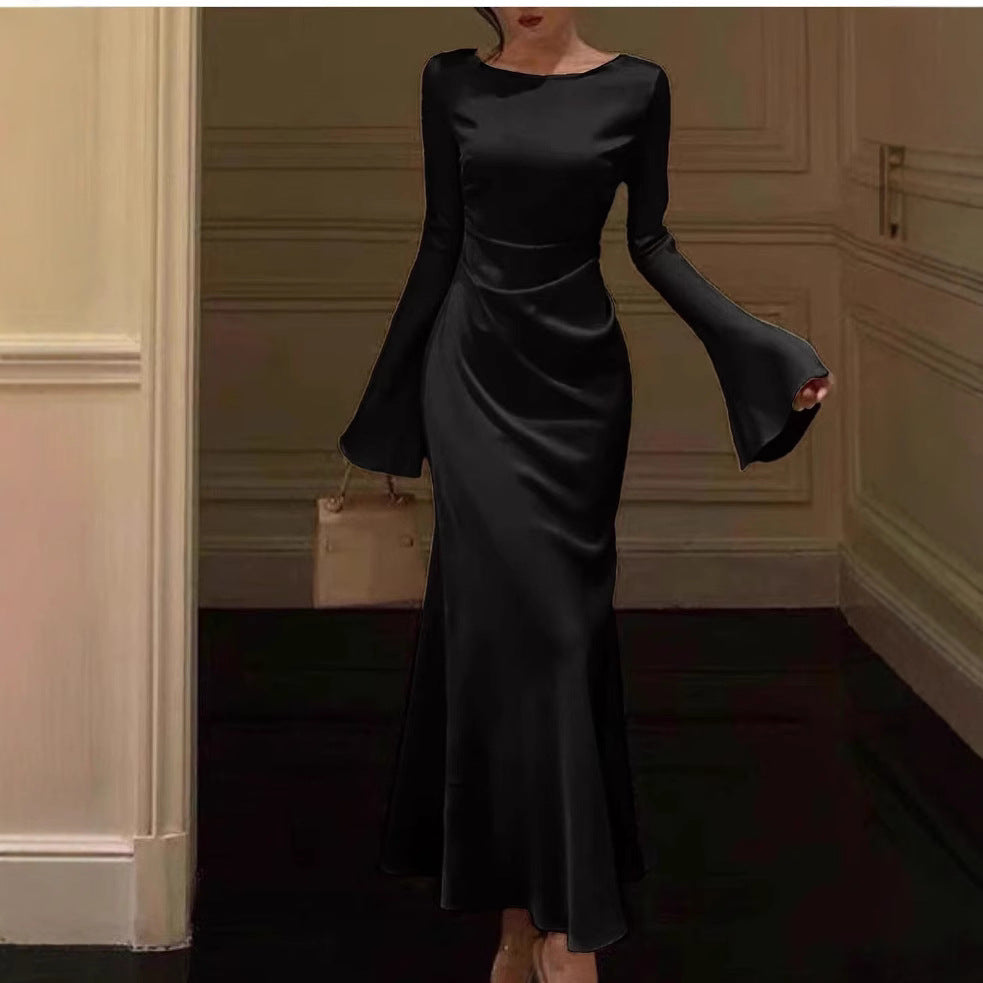 European and American Summer New Cross-border Elegant Flared Sleeve Solid Color Long Sleeve Fashion Dress