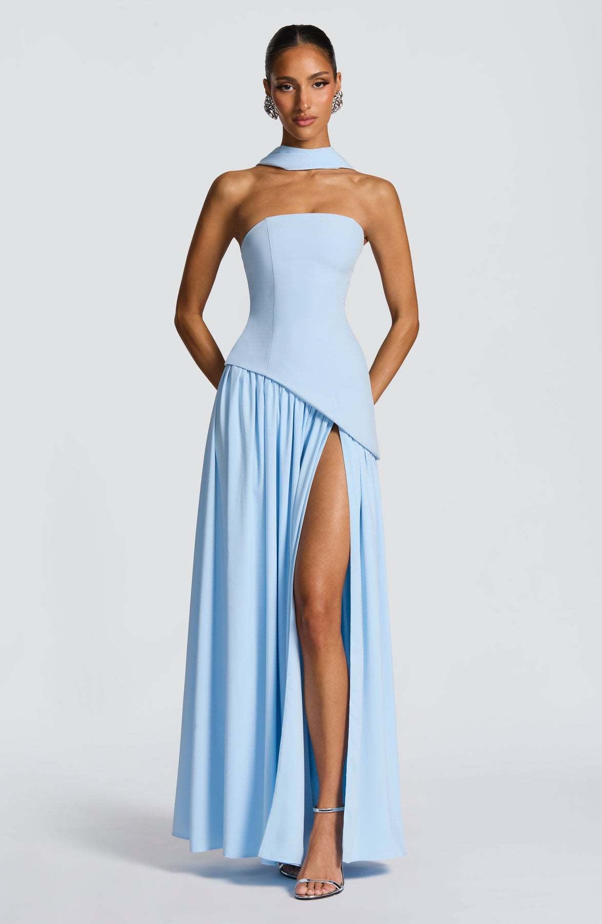 European and American cross-border women's bandeau solid color slit dress fashion sexy backless high slit long skirt new style