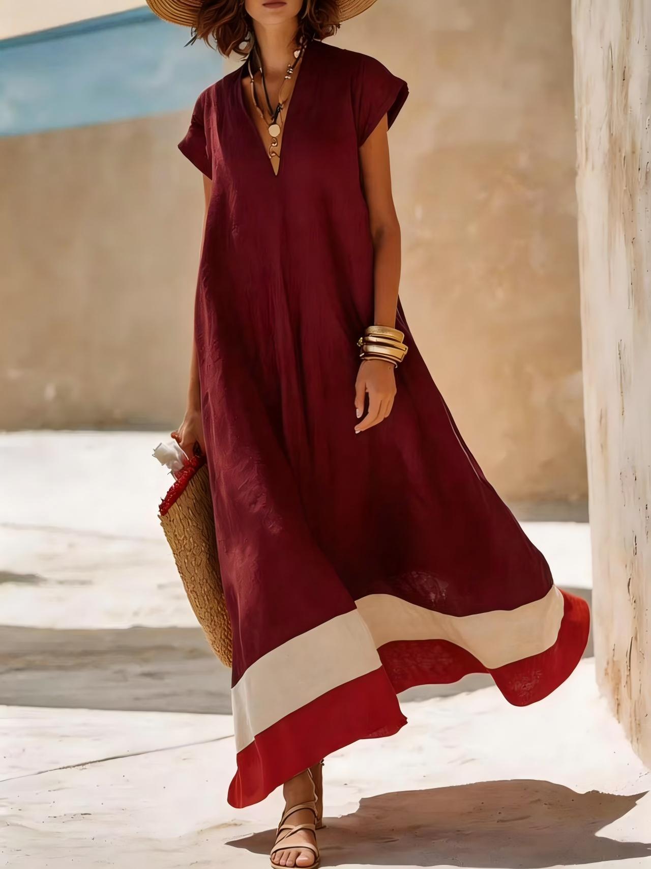 Cross-border 2026 Amazon Summer New European and American Style Large Size Loose V-Neck Dress Contrasting Resort Long Skirt