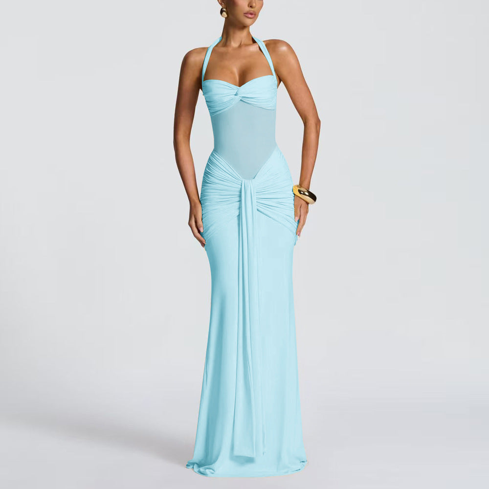 European and American 2026 new women's temperament pleated streamer evening dress foreign trade fashion halterneck sexy hip wrap dress