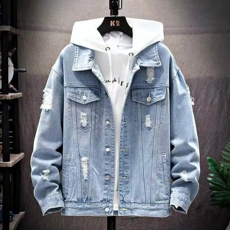Street ruffian denim jacket male Internet celebrity new Korean version of the trend Spring and Autumn loose fashion brand cargo jacket men's top