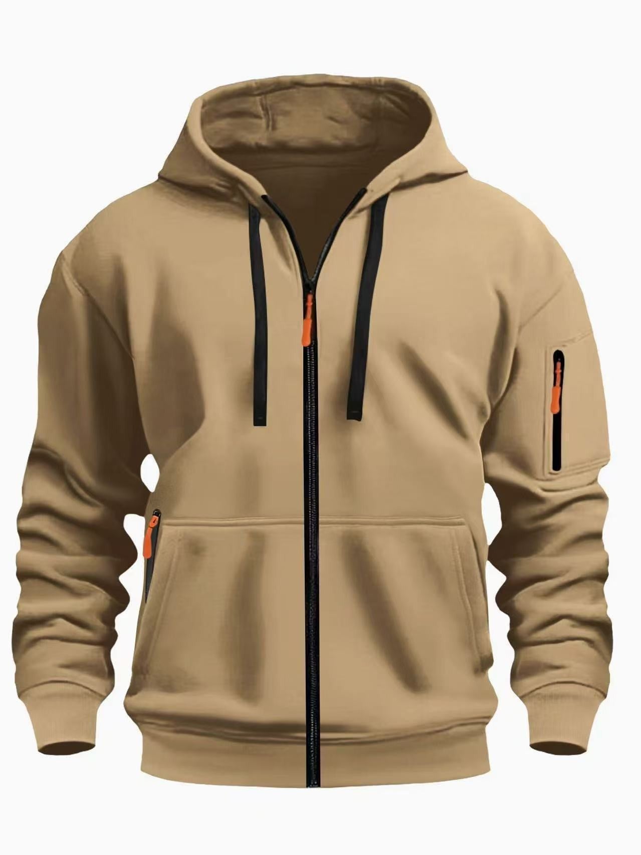 European code hooded men's autumn/winter fleece-lined hooded sweatshirt, long-sleeve zipper style, multi-pocket fashionable versatile jacket for men