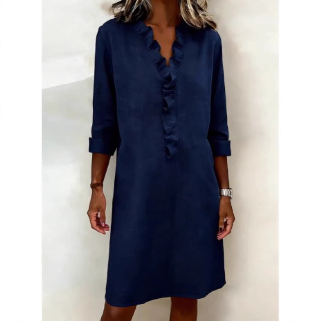 European and American cross-border spring new fashion commuting slimming women's fungus edge long sleeve cotton and linen shirt dress
