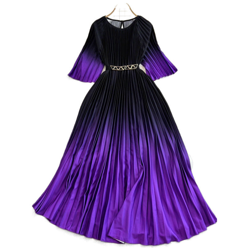 Light mature style celebrity temperament, cropped sleeves, round neck, cinched waist, thin A-line swing, gradient print, pleated dress