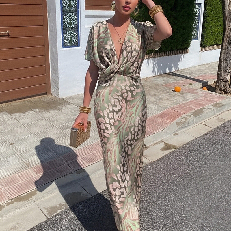 2026 Spring New Women's Clothing Cross-border Foreign Trade Europe and the United States Fashion Knot Print Sexy V-Neck High-Waisted Dress