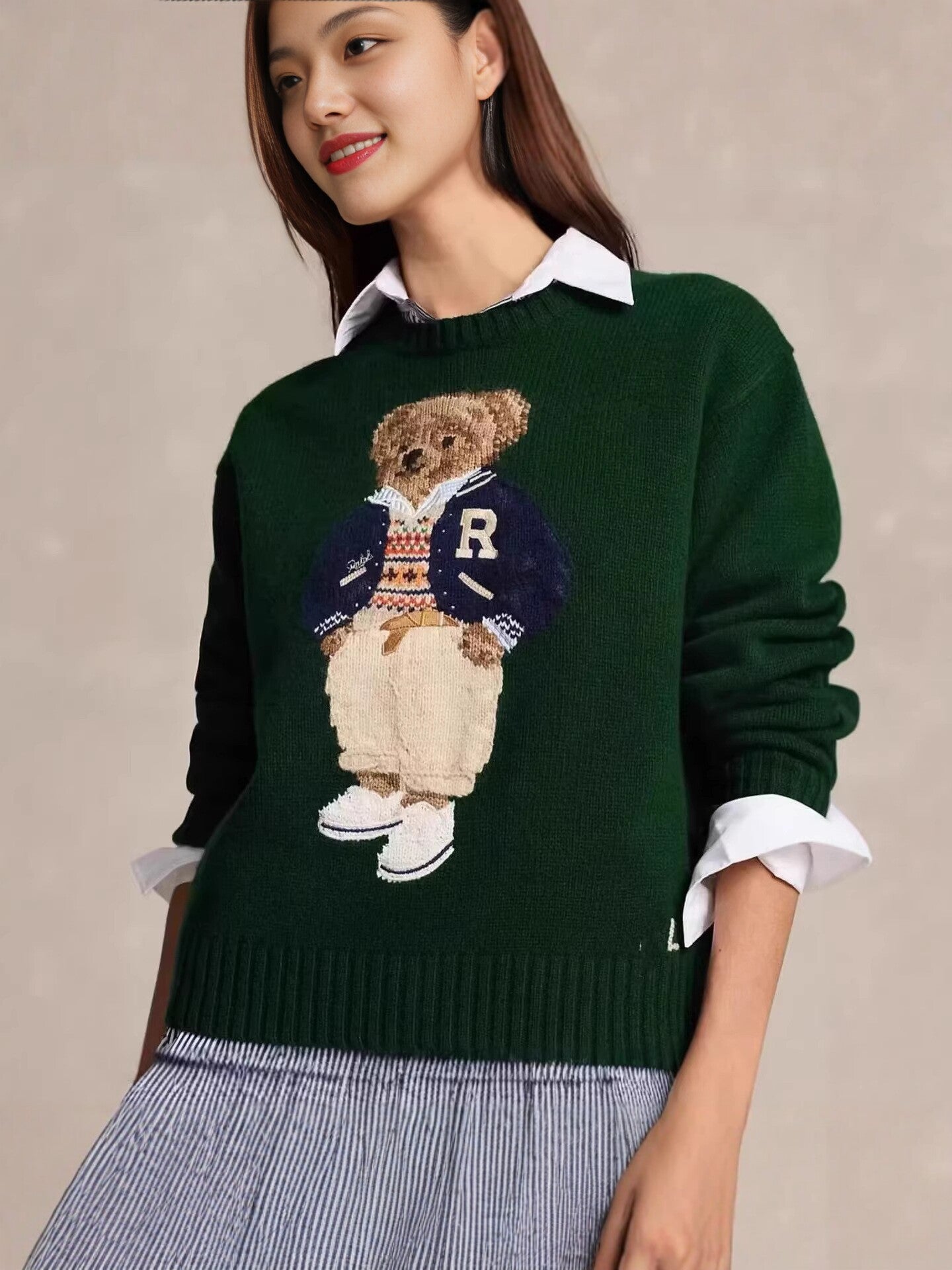 RL autumn/winter new bear embroidery sweater for women, crewneck knit shirt, American vintage cartoon pullover, jacket top