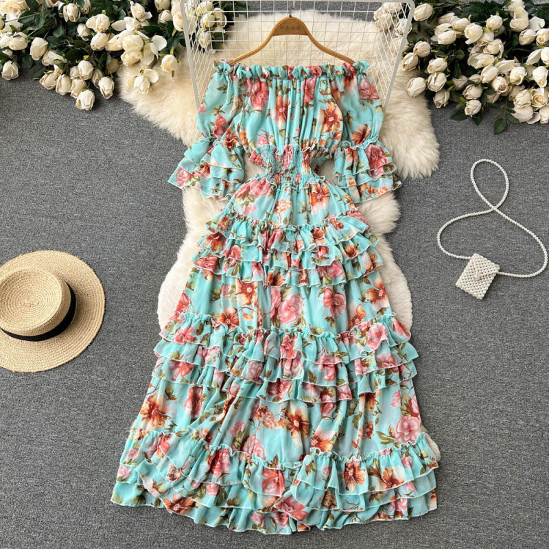 One-shoulder floral French vintage slimming cake skirt large swing dress short sleeve temperament commuter slim fit