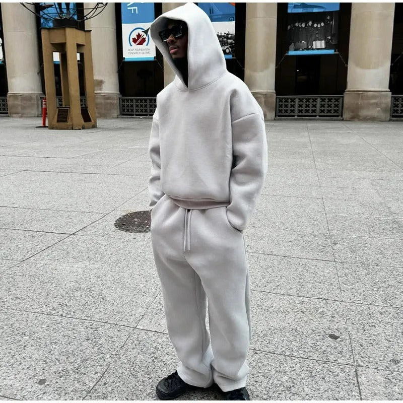Cross-border Kanye has the same trendy brand high street loose fleece hooded sweatshirt loose drawstring sweatpants set for men and women