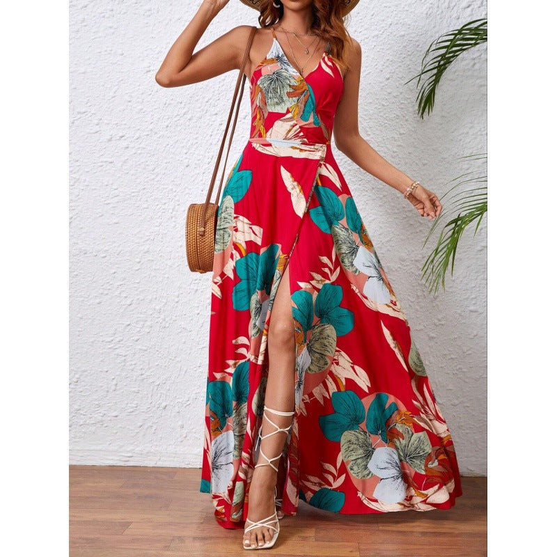 European and American tropical print thigh split slip dress