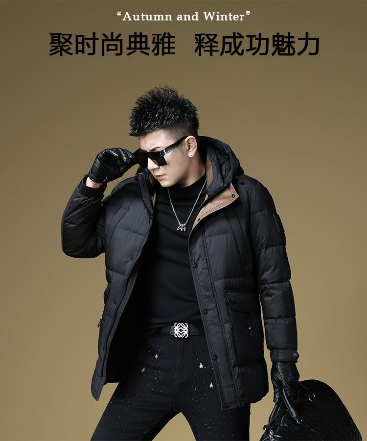 2024 Autumn and Winter down Jacket Men's Hooded Mid-Length 90 White Duck down Jacket Casual Warm Men's Windproof Loose Style