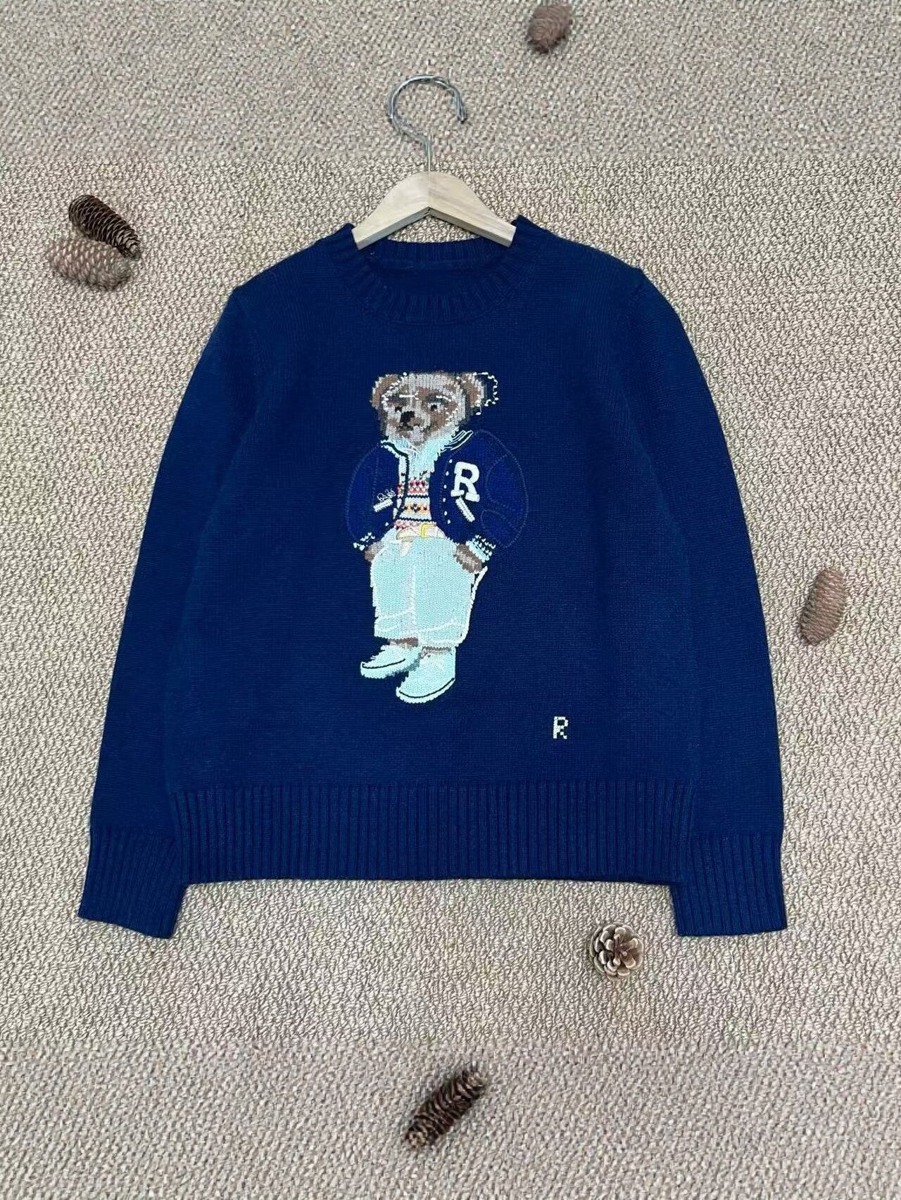 RL autumn/winter new bear embroidery sweater for women, crewneck knit shirt, American vintage cartoon pullover, jacket top