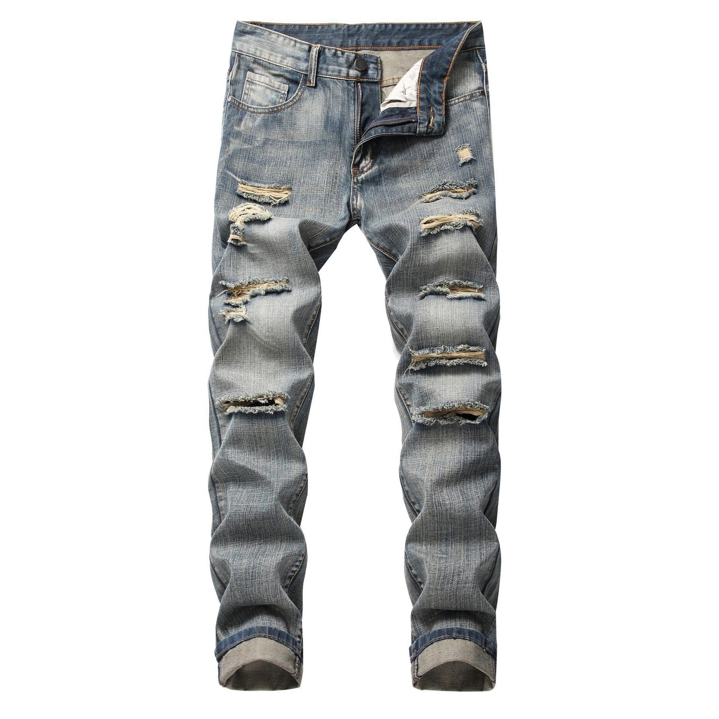 Men Vintage Wash Solid Denim Trouser Mens Casual Slim Fit Pencil Denim Holes Pants 2024