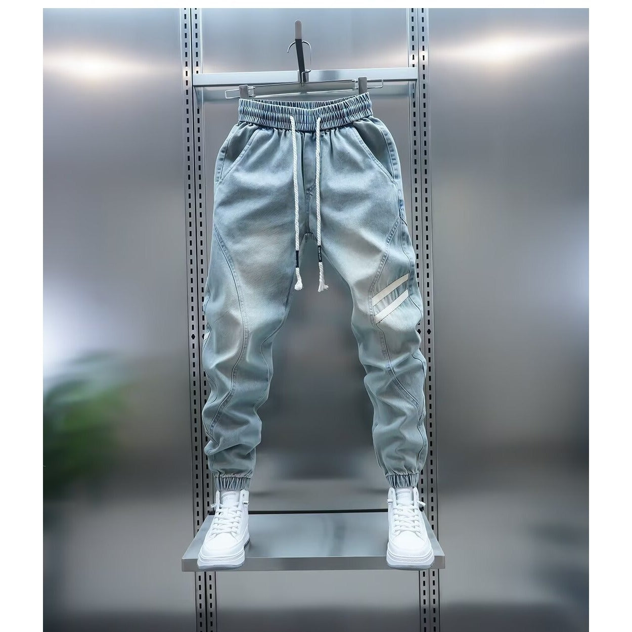 Cross-border men's spring new light blue jeans simple and versatile elastic waist leggings washed trendy brand slacks