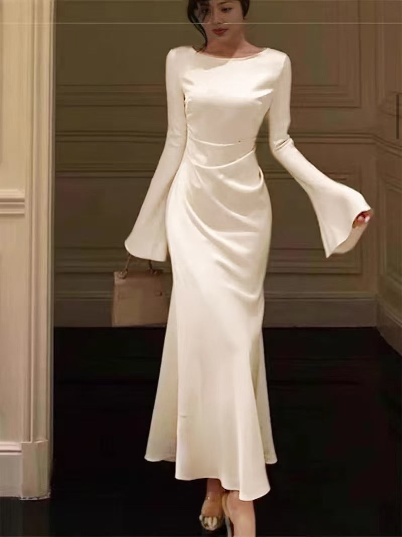 European and American Summer New Cross-border Elegant Flared Sleeve Solid Color Long Sleeve Fashion Dress