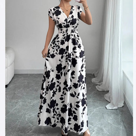 Women's V-neck waist slimming temperament banquet vintage rose print dress V-neck French slimming long skirt