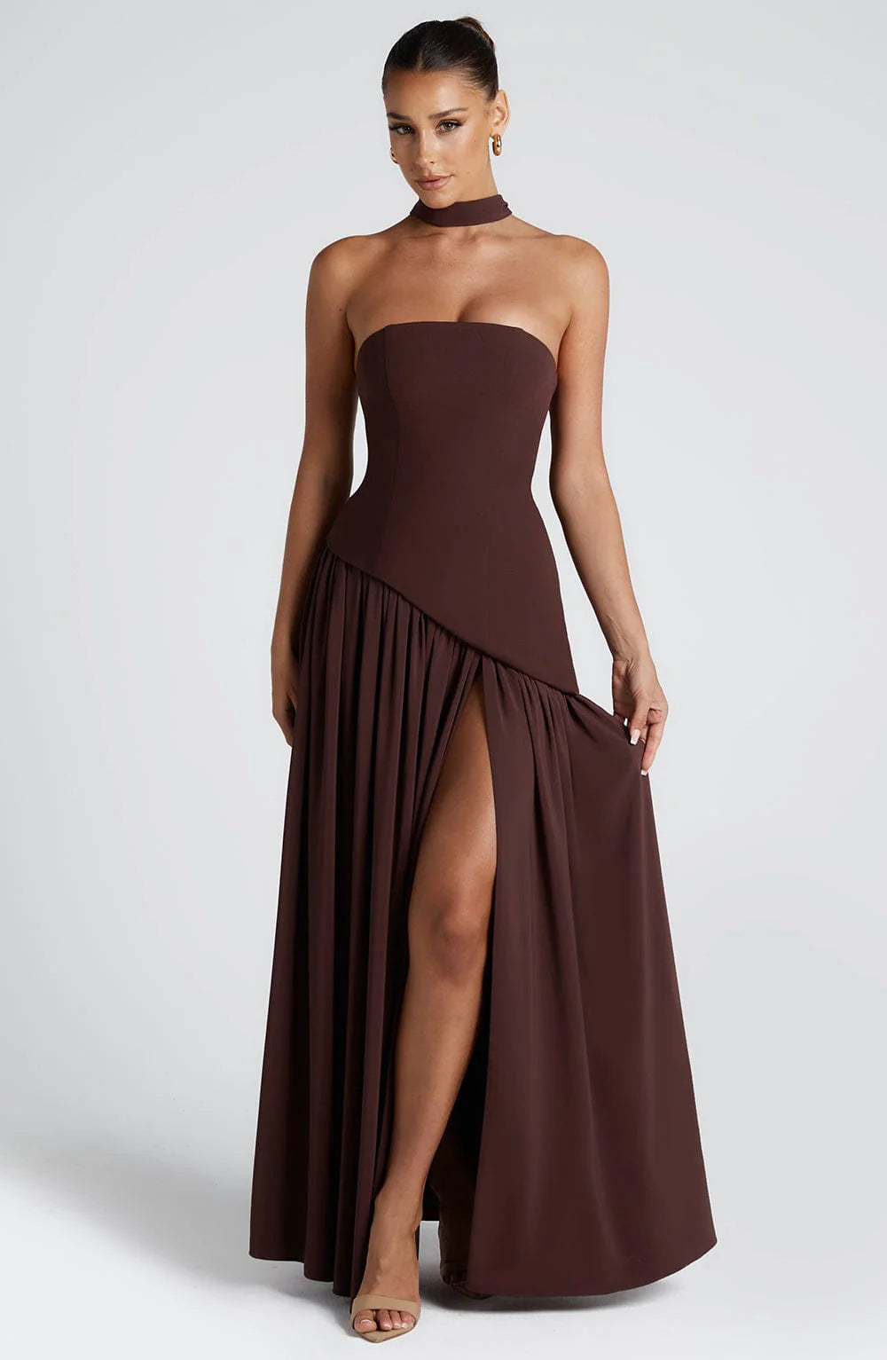 European and American cross-border women's bandeau solid color slit dress fashion sexy backless high slit long skirt new style