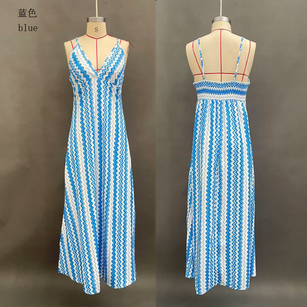 2026 Summer European and American Cross-border Women's Wear INS New Foreign Trade Bohemian Print V-Neck Suspender Slit Dress