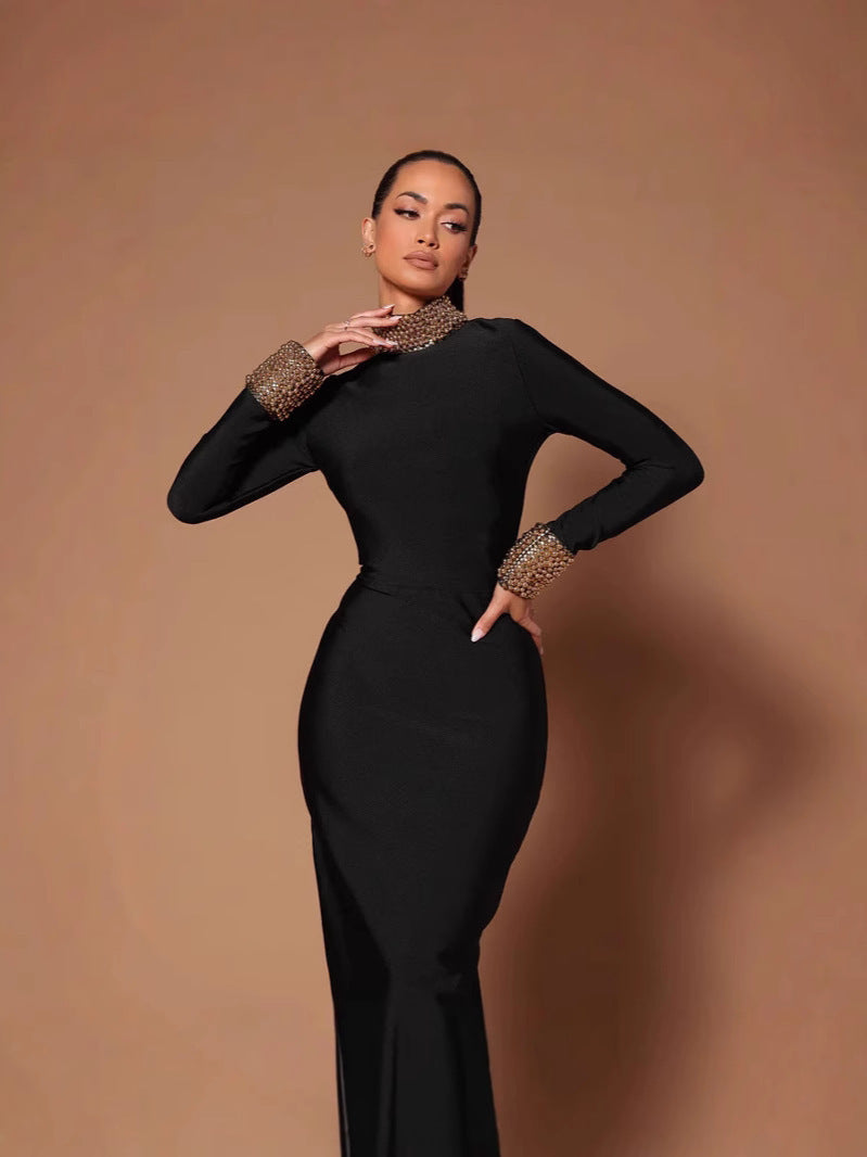 Bandage dresses, cross-border hits, spring and autumn long-sleeved long styles, light luxury, bronzing pearl evening dresses, backless slim and sexy