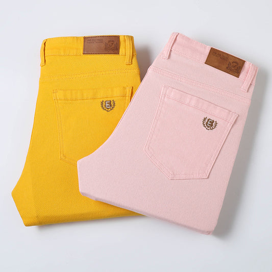 Colorful embroidery solid color jeans, men's Korean version trendy slim stretch straight pants, trendy brand casual versatile long pants