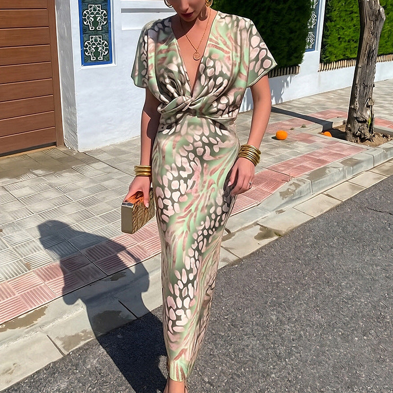 2026 Spring New Women's Clothing Cross-border Foreign Trade Europe and the United States Fashion Knot Print Sexy V-Neck High-Waisted Dress