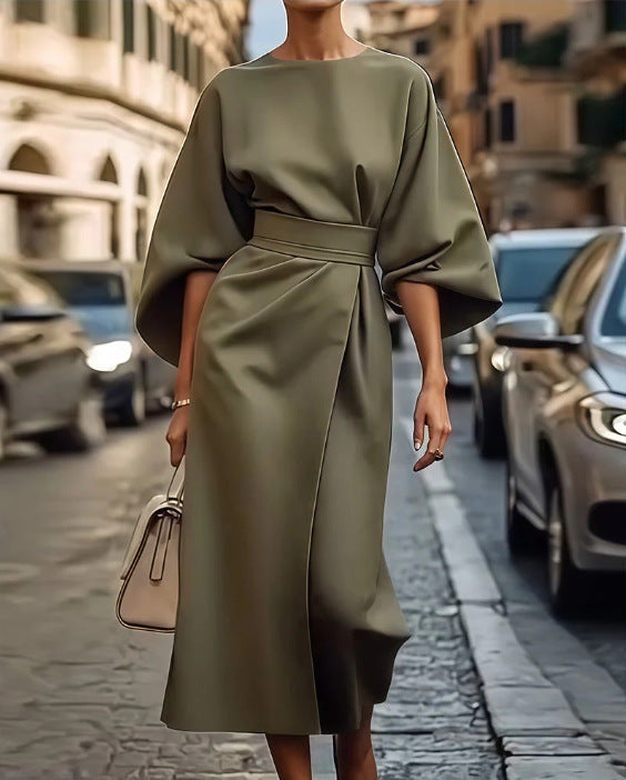 European and American cross-border fashion temperament elegant solid color waist dress casual bat sleeve long skirt