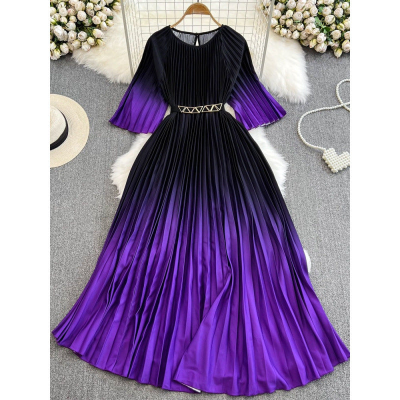 Light mature style celebrity temperament, cropped sleeves, round neck, cinched waist, thin A-line swing, gradient print, pleated dress