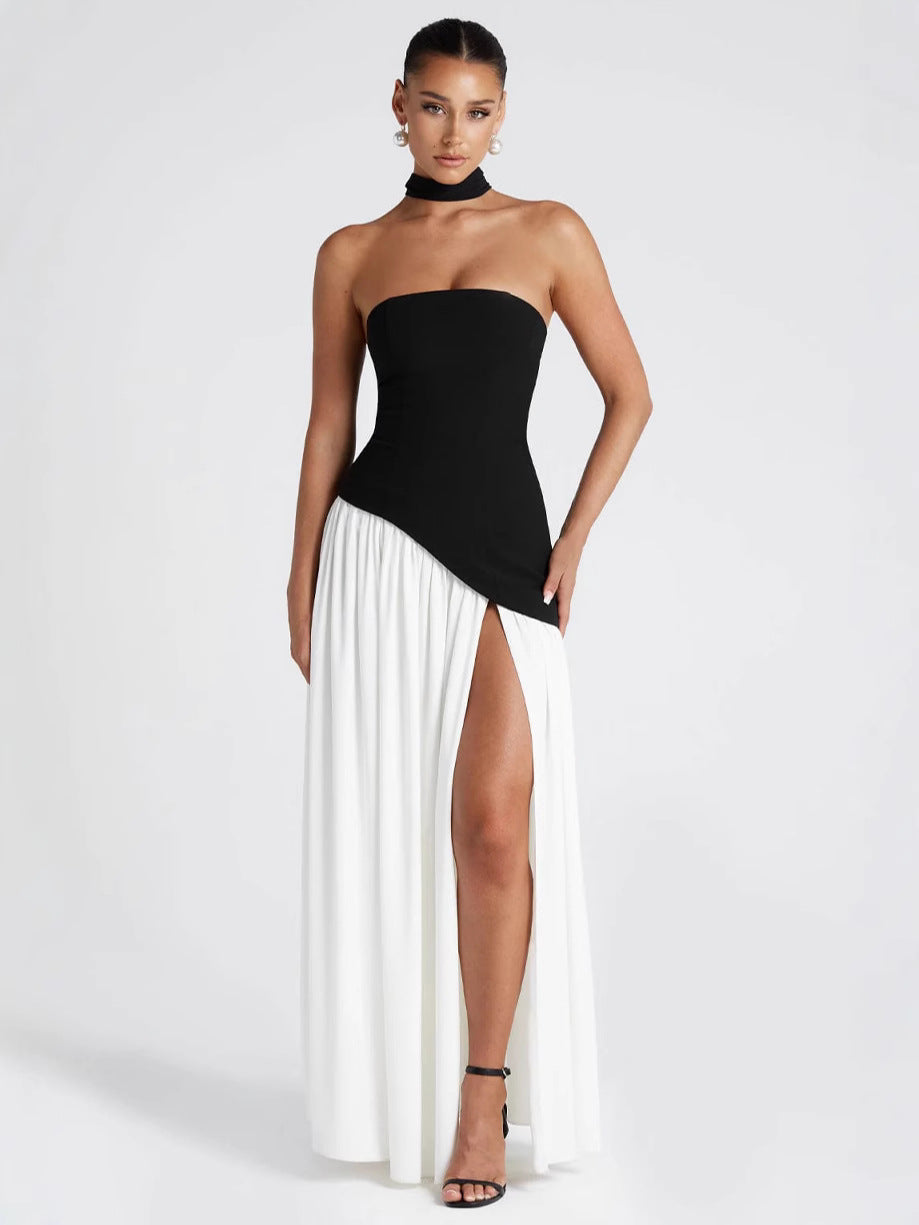 European and American cross-border women's bandeau solid color slit dress fashion sexy backless high slit long skirt new style