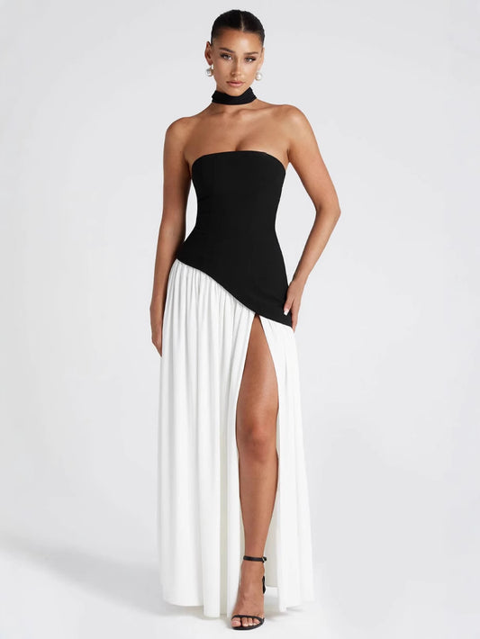 European and American cross-border women's bandeau solid color slit dress fashion sexy backless high slit long skirt new style
