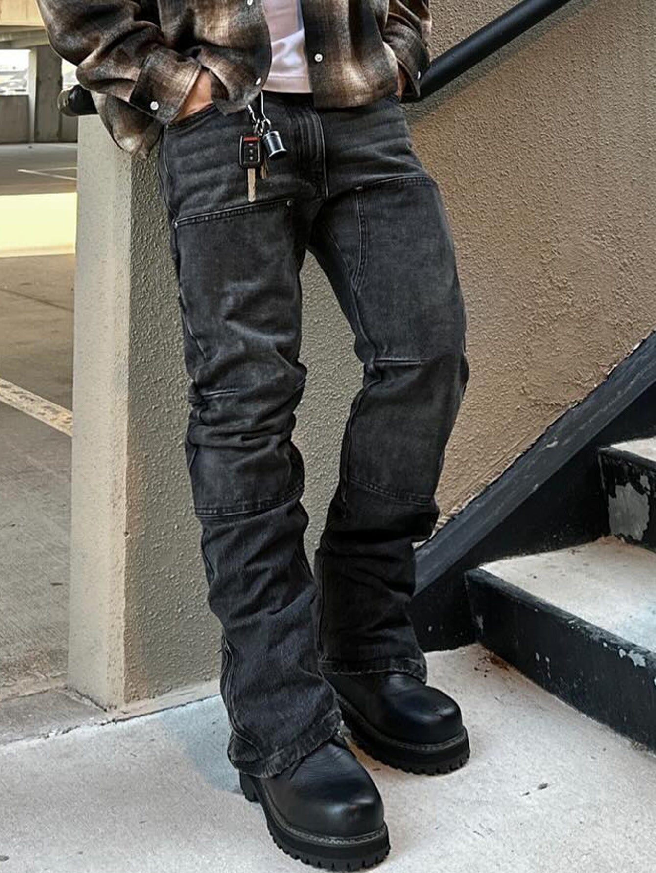 European and American foreign trade men's spliced slim jeans bootcut pants handsome denim trousers