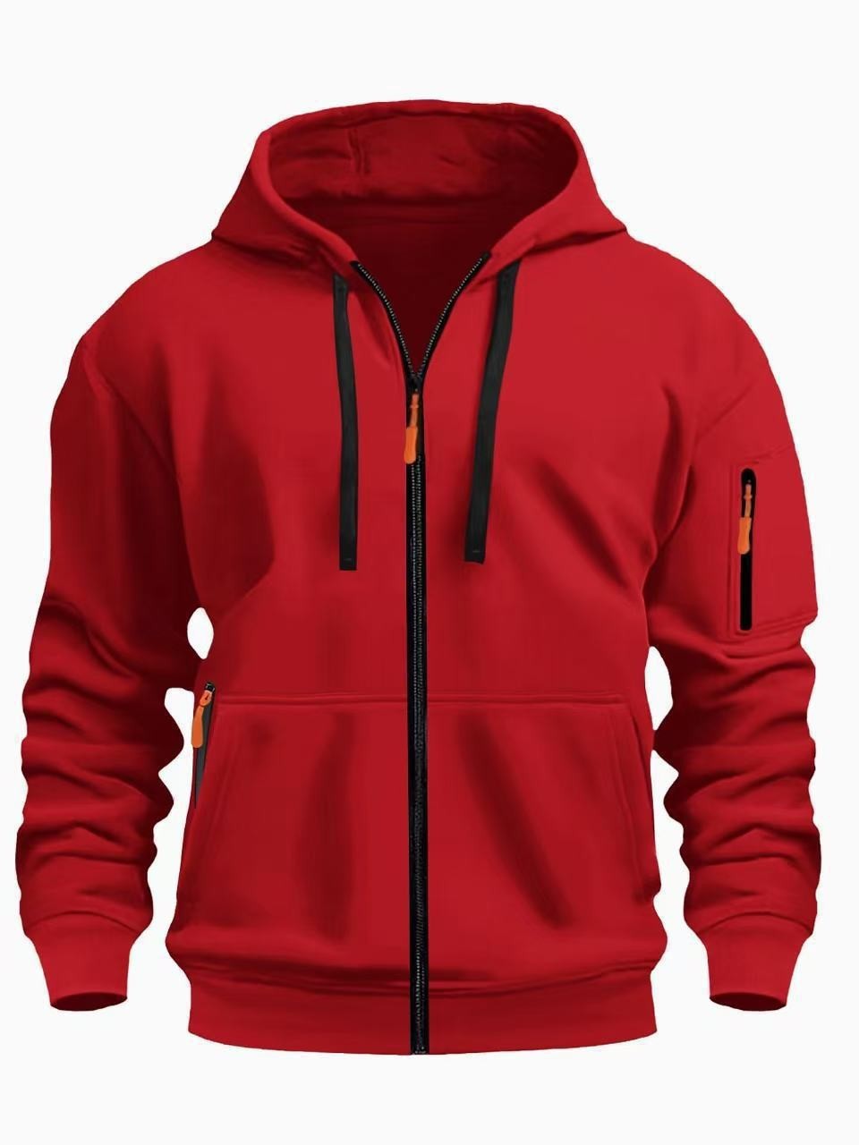 European code hooded men's autumn/winter fleece-lined hooded sweatshirt, long-sleeve zipper style, multi-pocket fashionable versatile jacket for men