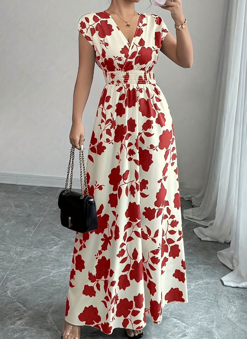 Women's V-neck waist slimming temperament banquet vintage rose print dress V-neck French slimming long skirt