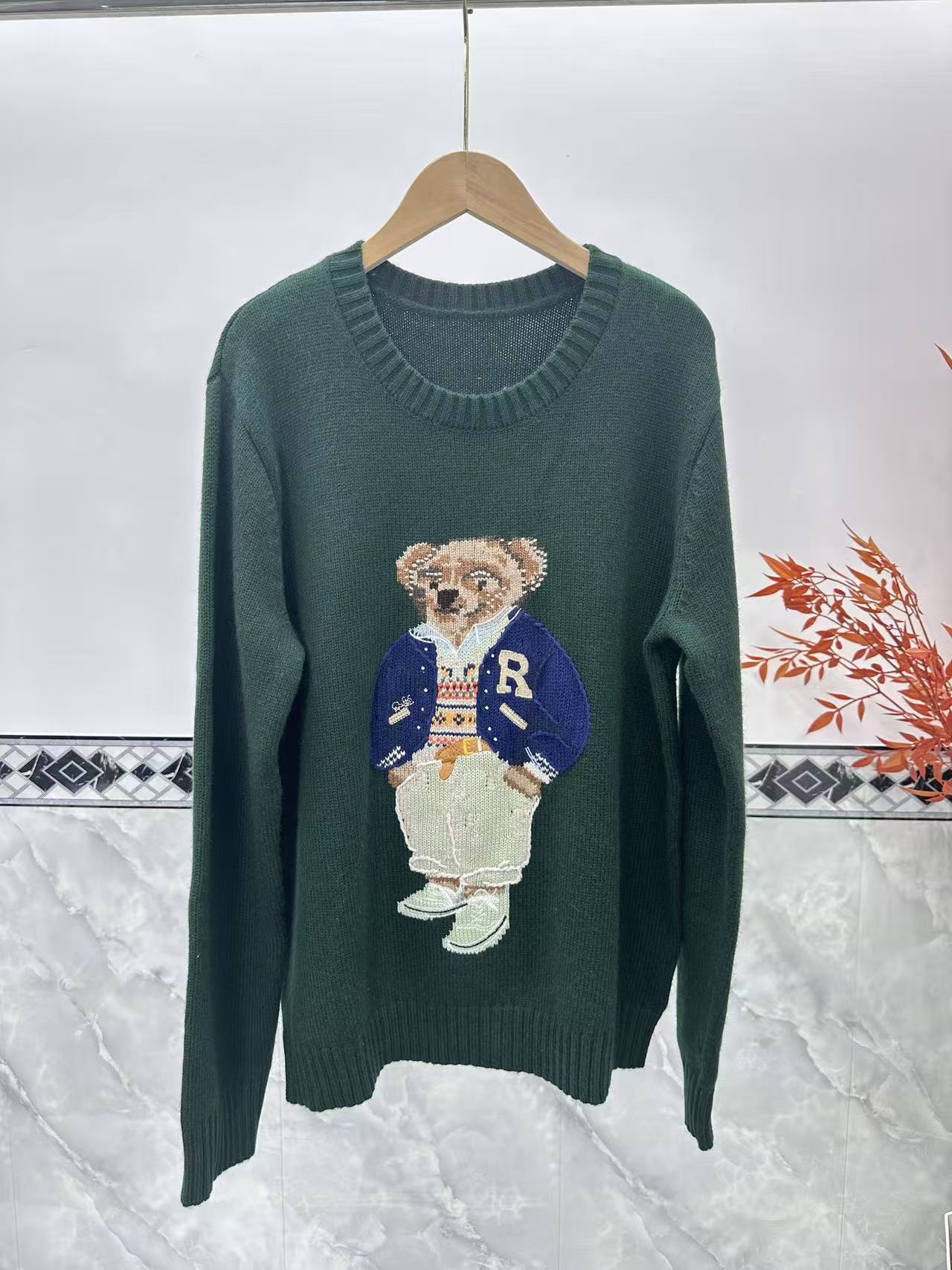 RL autumn/winter new bear embroidery sweater for women, crewneck knit shirt, American vintage cartoon pullover, jacket top