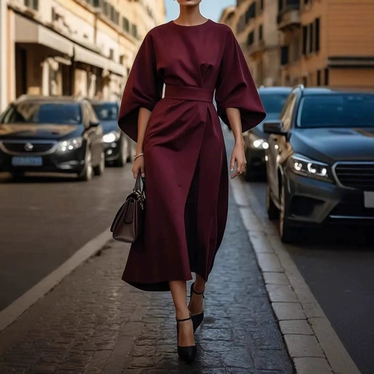 European and American cross-border fashion temperament elegant solid color waist dress casual bat sleeve long skirt