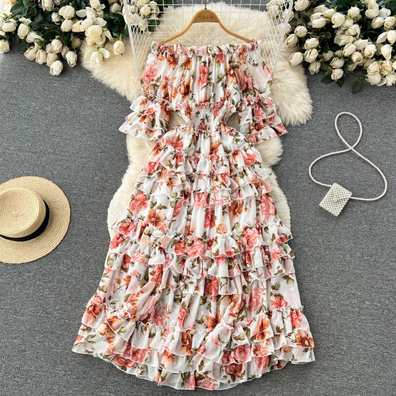 One-shoulder floral French vintage slimming cake skirt large swing dress short sleeve temperament commuter slim fit