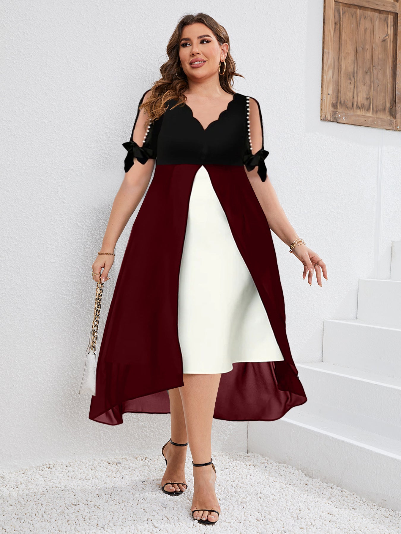 Spring/summer cross-border new plus-size short-sleeved women's V splicing two irregular dresses