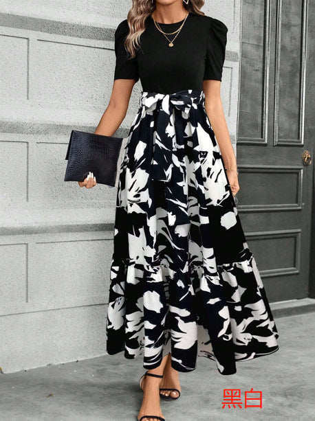 European and American women's floral print high-waisted fashion and elegant temperament dress