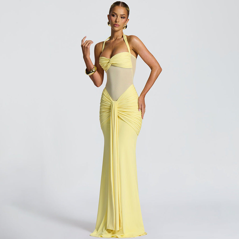 European and American 2026 new women's temperament pleated streamer evening dress foreign trade fashion halterneck sexy hip wrap dress