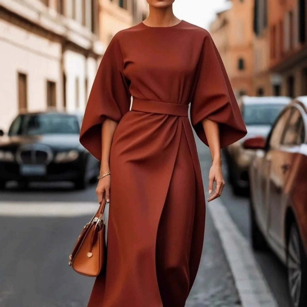 European and American cross-border fashion temperament elegant solid color waist dress casual bat sleeve long skirt