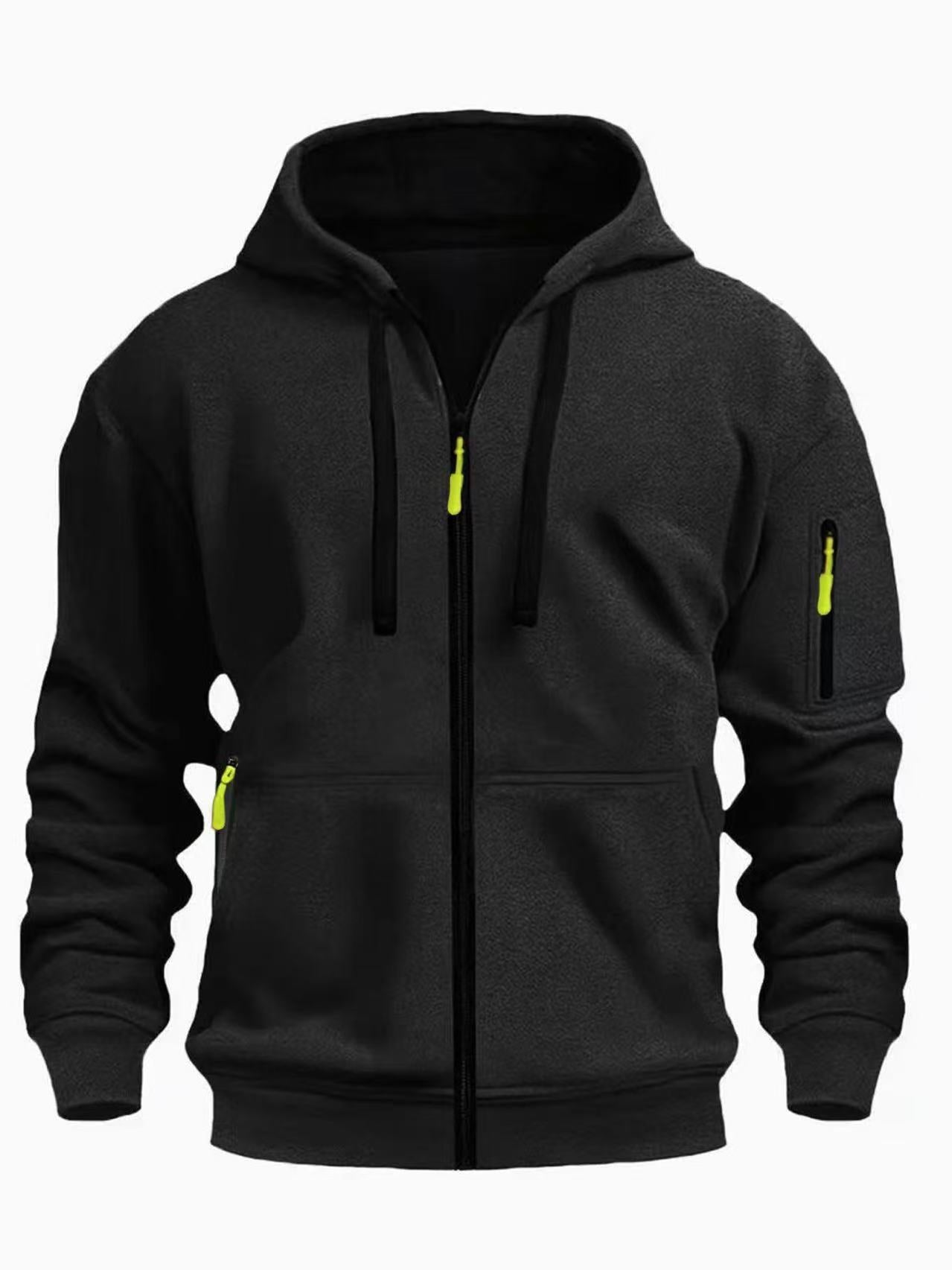 European code hooded men's autumn/winter fleece-lined hooded sweatshirt, long-sleeve zipper style, multi-pocket fashionable versatile jacket for men