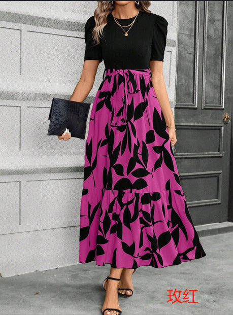 European and American women's floral print high-waisted fashion and elegant temperament dress