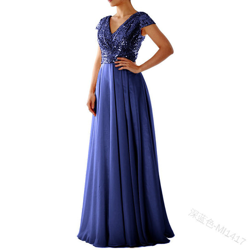 Summer Dress new V-neck sequinned chiffon panel evening dress long skirt